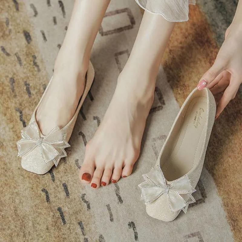 Fashion Square Toe Wedding Bride Shoe Rhinestone With Bow Woman Flats 2025 Trend Low Price Y2k Quick Delivery 39 Slip-on Shoes for Women