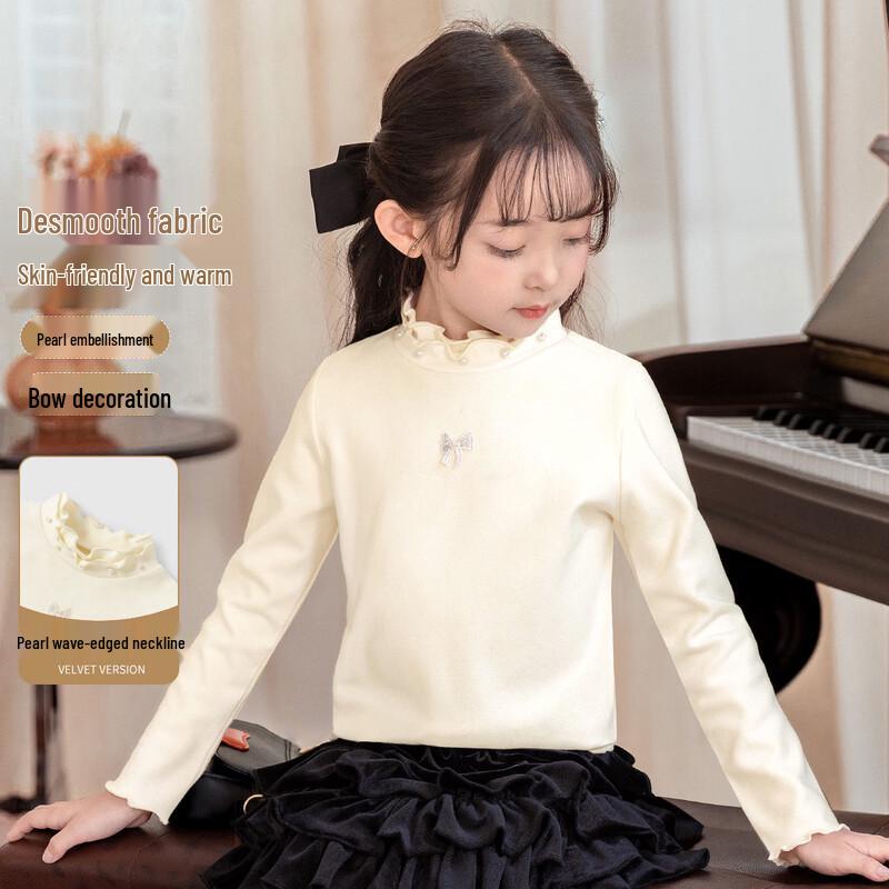 Girls' Thermal High-Neck Long Sleeve Shirt with Pearl Bow
