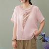Cotton T-shirt Spring Summer Women Light Round Neck Embroidered Shirt Loose Versatile Tops
