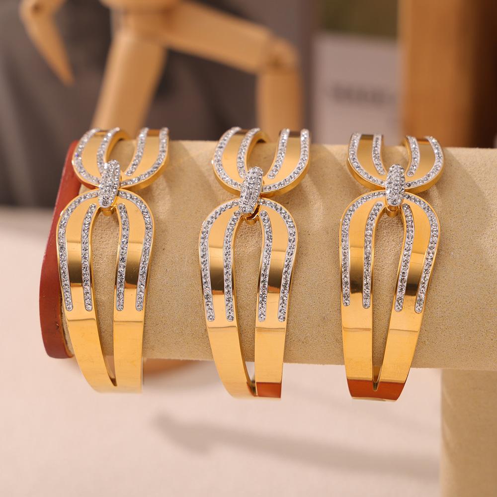 Bowknot Zircon Bangle For Women Gold-Plated Stainless Steel Spring Round Bangle Bracelets Female Wedding Waterproof Zircon