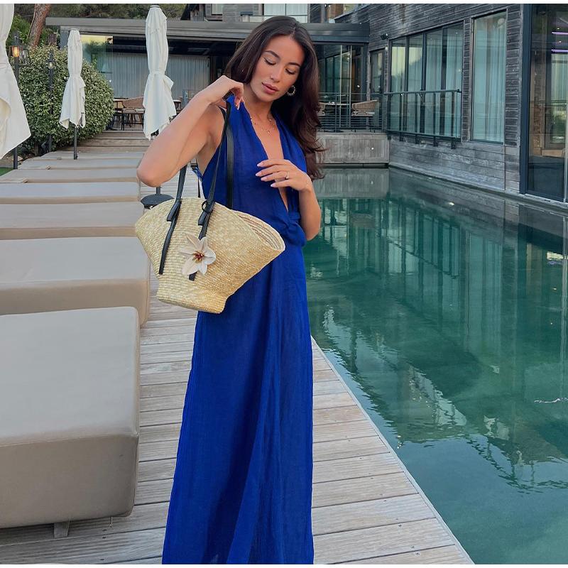 Сексуальное плиссированное женское длинное платье с глубоким V-образным вырезом — фото 4