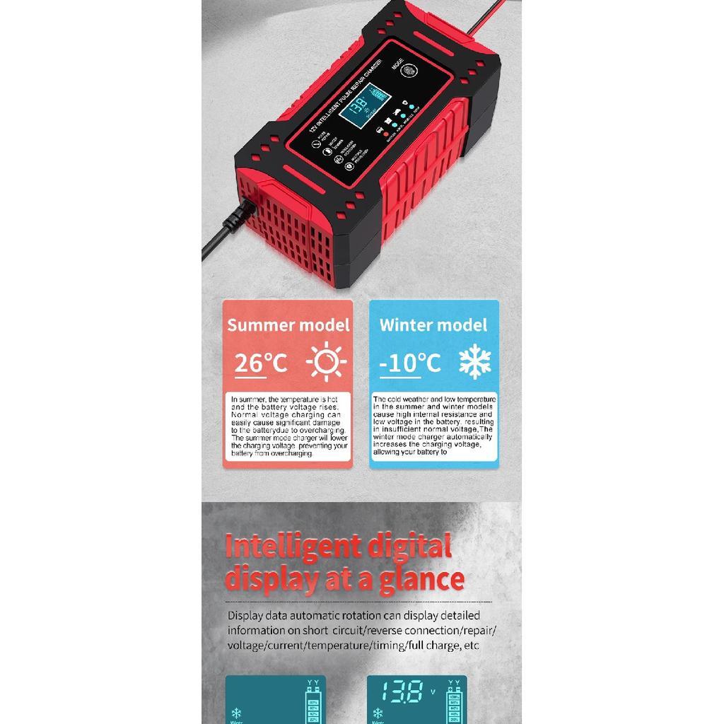 6A 12V Intelligent Car Battery Charger Car and Motorcycle Battery Charging Unit Lead-Acid Battery Repair LCD Display