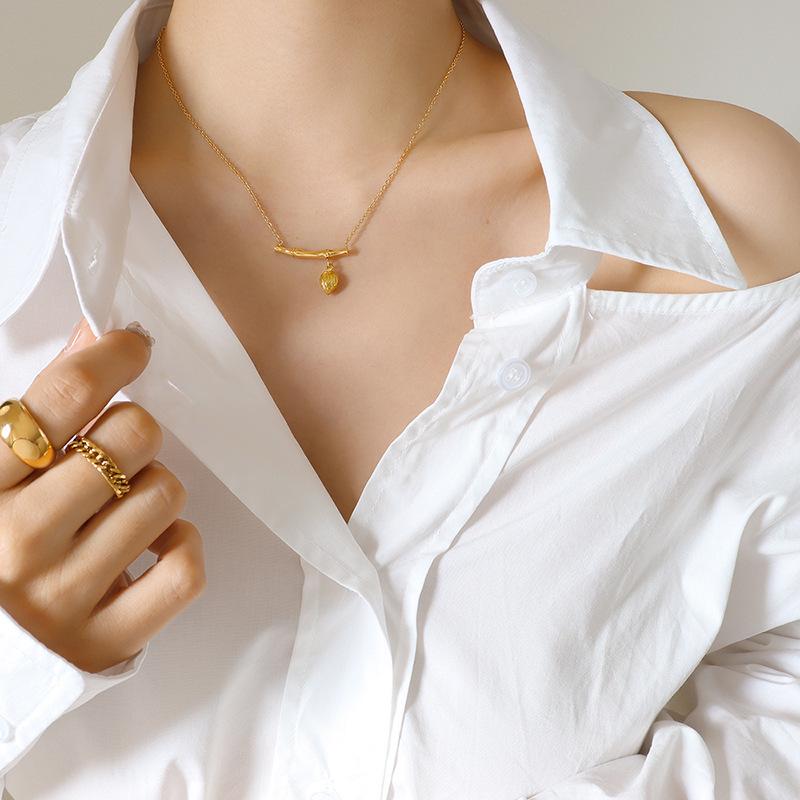 18K Gold Plated Bamboo Lotus Pod Pendant Necklace - European & American Niche Design, Personalized Titanium Steel Jewelry