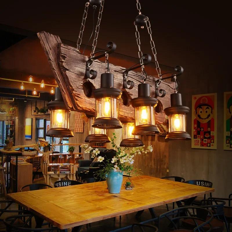 Retro Loft Industrial Chandelier American Style Rural Coffee Restaurant Bar Spotlight Style Pendent Lamp Vintage Wood Chandelier