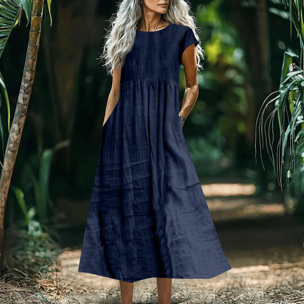 Women's Fashionable Solid-color Cotton And Linen Sleeveless Loose Pocket Dress