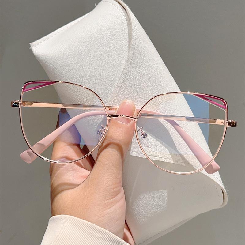 

High quality cat eye hollow metal eyeglass frame fashion simple anti blue light glasses for women Computer goggles flat lens