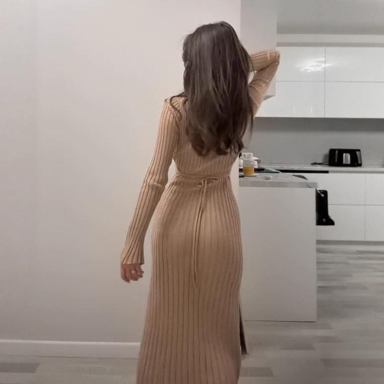 2025 Autumn European & American Women's U-neck Long Sleeve Knitted Sweater Dress