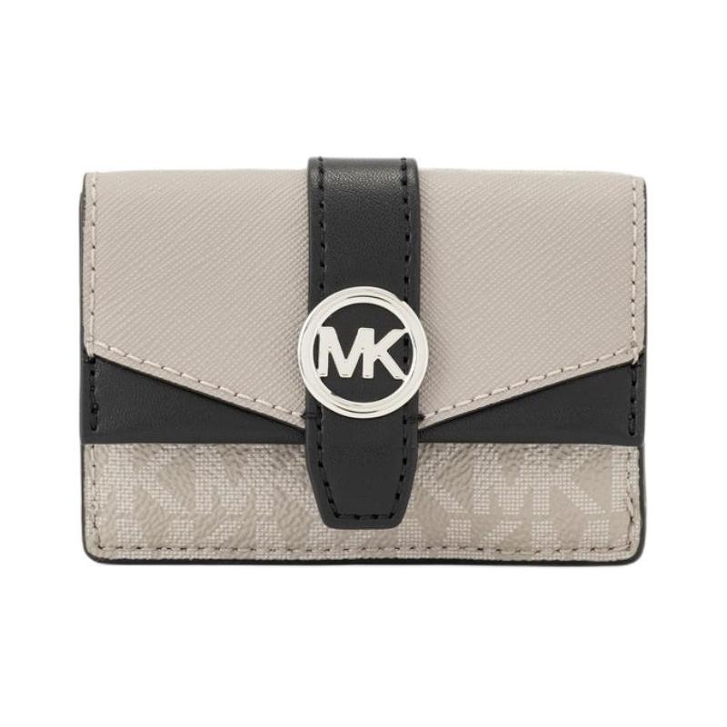 MICHAEL KORS Greenwich Logo Print Tri-Fold Coated Canvas Wallet Small Women s Pearl Gray with Black чёрный