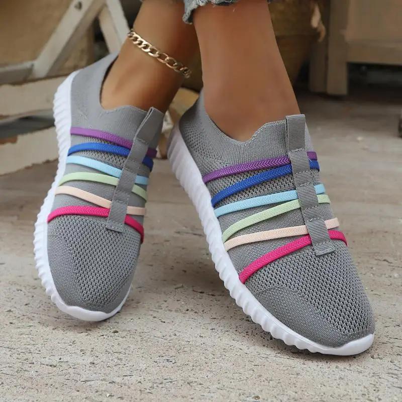 Fashion Colorful Strap Breathable Knitted Flats Women 2025 Summer Hollow Out Soft Bottom Mesh Slip On Casual Shoes Woman Plus Size