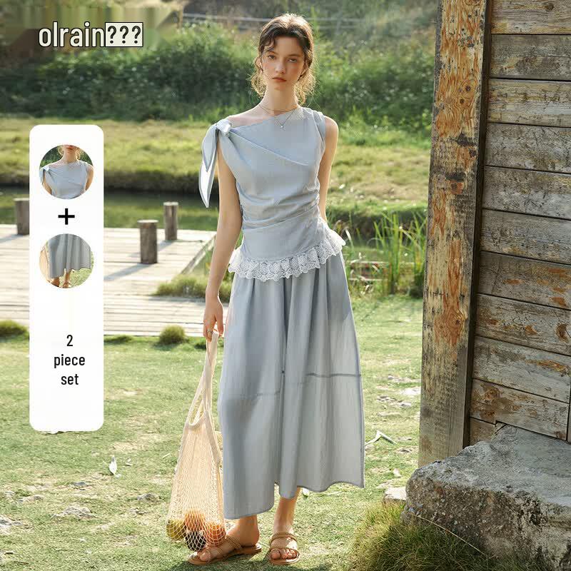 Olrain French Style Tie-Neck Blouse & Skirt Set XL синий