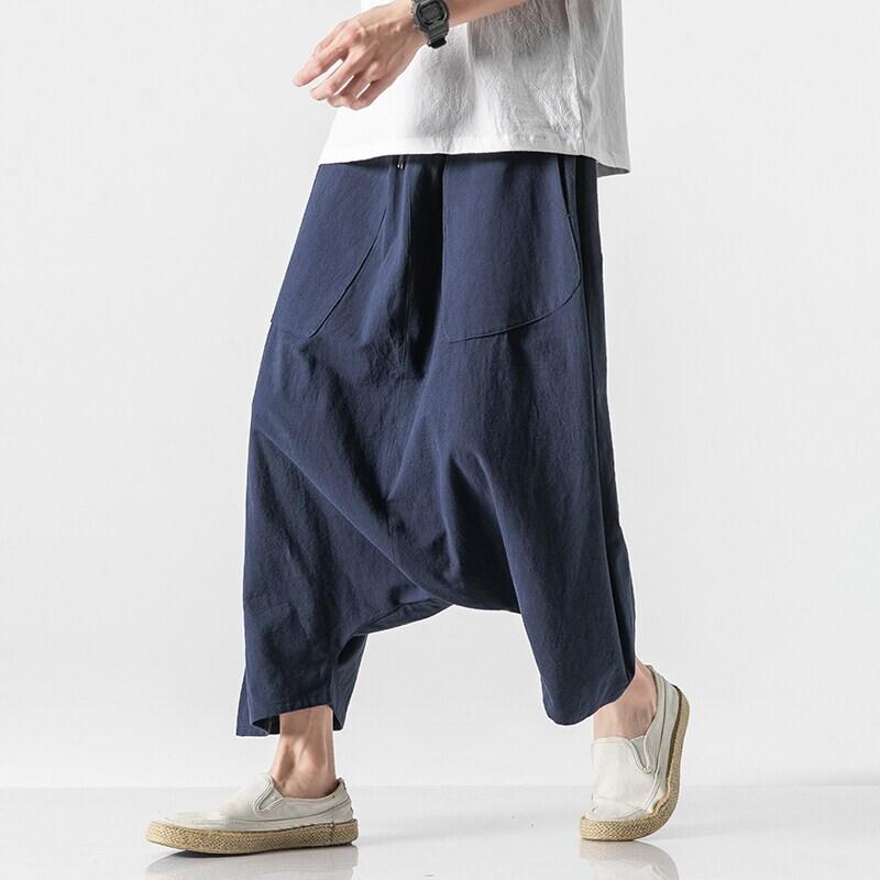 Mens Linen Cotton Blend Wide Leg Pants Loose Fit 8 Inch Length Low Crotch Plus Size Japanese Style Solid Color Casual