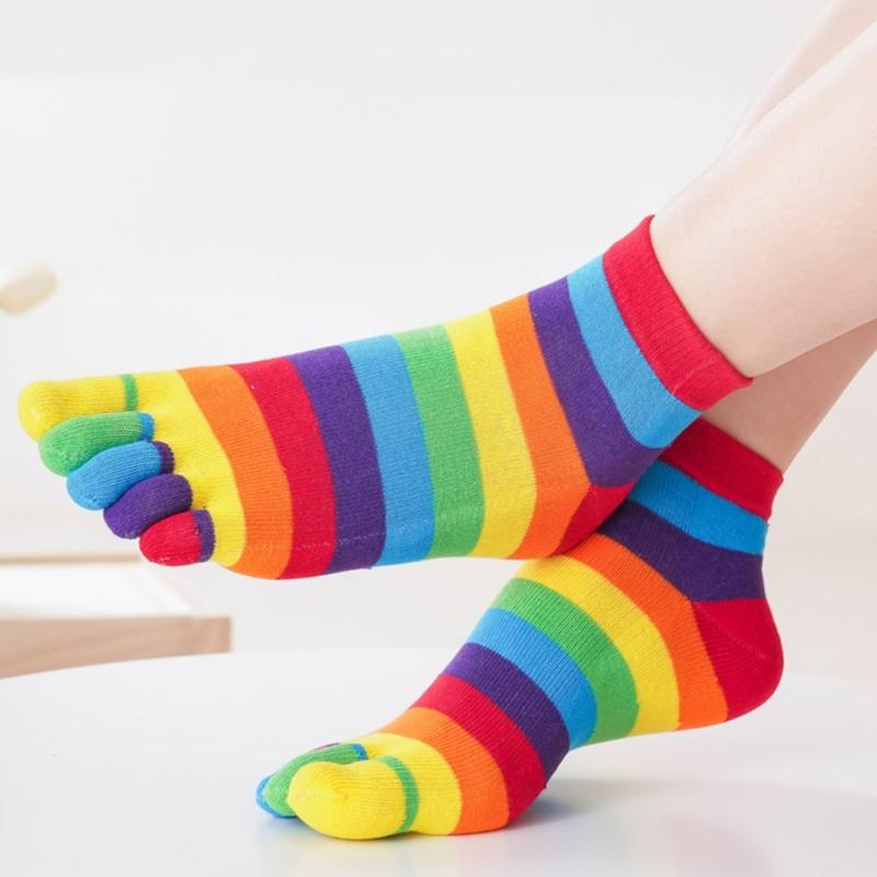 Calzini da Donna a Dita Autunno Inverno Colorati a Strisce Arcobaleno Calzini a Cinque Dita Assorbi Sudore Traspiranti Calzini a Tubo Medio