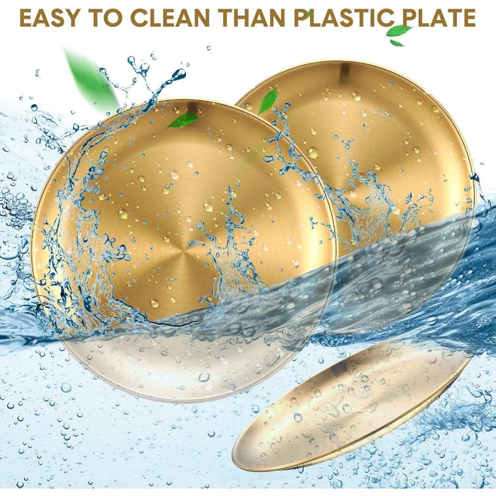 8-Pack Gold 20CM Stainless Steel Plates - Reusable, Camping & Daily Use Plates, Double Layer, Dessert Plates, Adult Plates