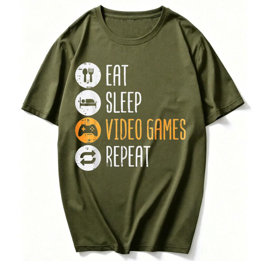 Eat Sleep Video Games Repeat Gaming Gamer Unisex Boys Teen Tshirt Funny Outdoors Summer High Quality Cotton Shortsleev Tees Top