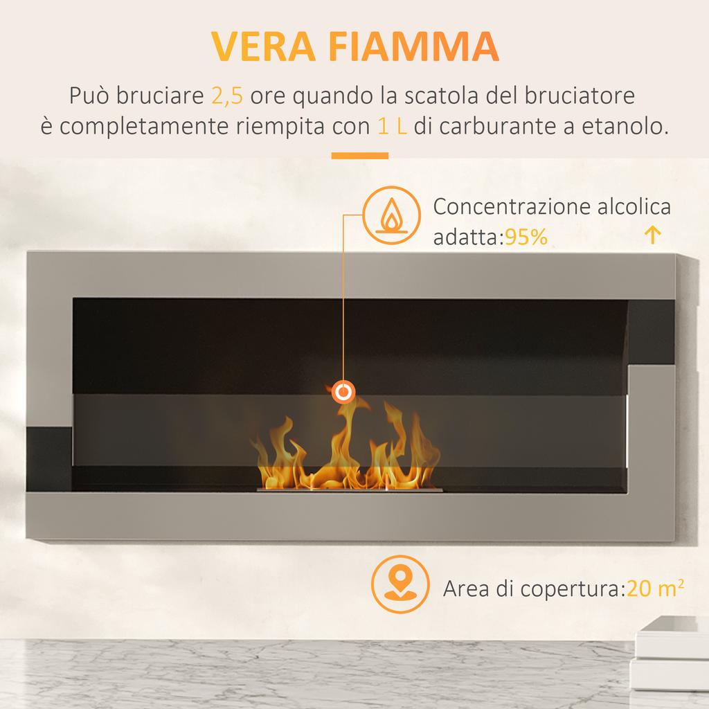 Camino a Bioetanolo in Acciaio Inossidabile, 2,5h di Combustione con Serbatoio da 1,5L e Copertura 20m², 90x16x40 cm, Argento