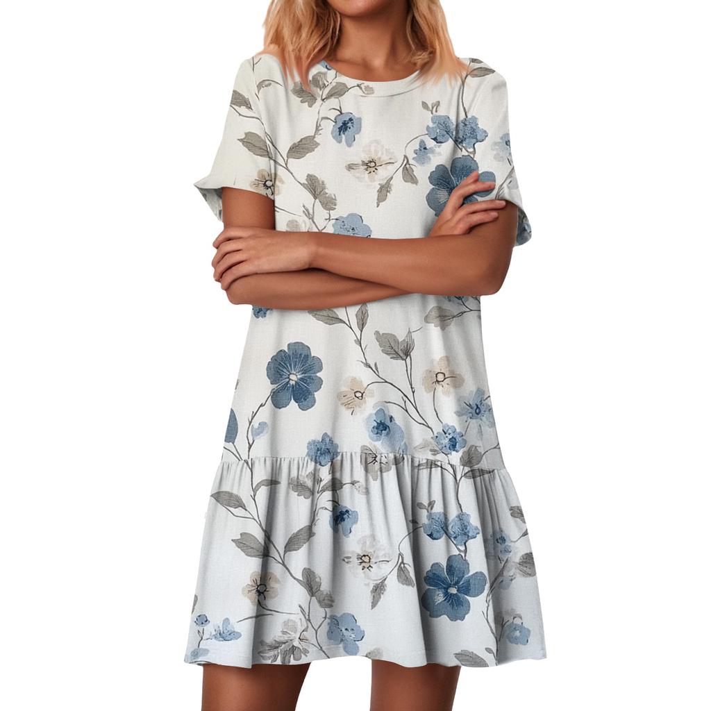 Women's Fashion Casual Round Neck Short Sleeve Ruffled Vintage Printed Dresses