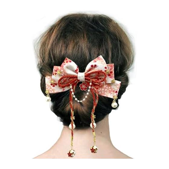 Japanese Style Ribbon Hair Clip, Lolita Bow Hairpin with Bell, Tsumami Zaiku, for Kimono, Yukata, Formal Occasions, Graduation, Shichi-Go-San, Coming