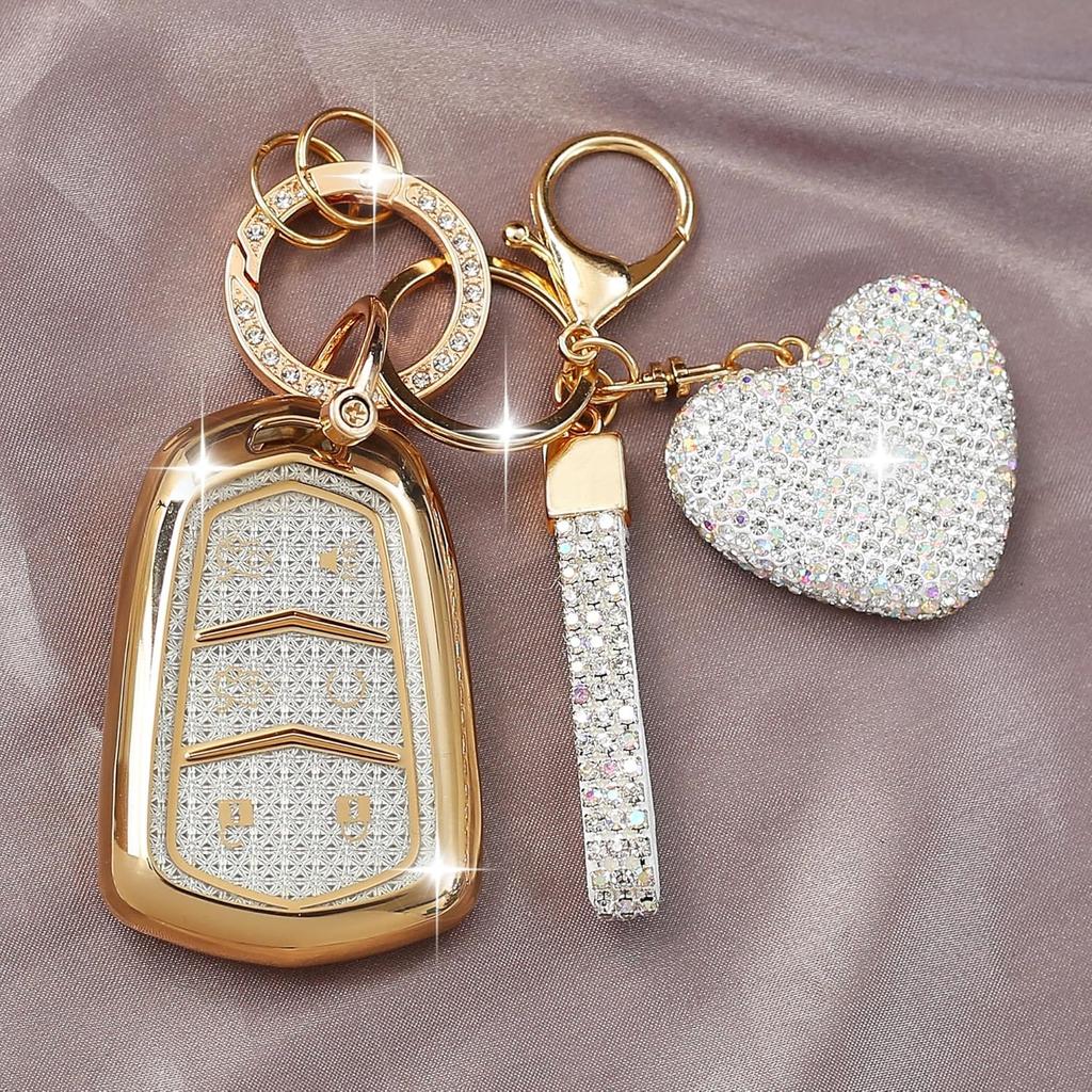 Compatible with Cadillac Key Fob Cover with Heart Keychain for Women, Compatible with 2015- Cadillac Escalade ESV ATS CTS STS SRX XT5 CT6 Smart