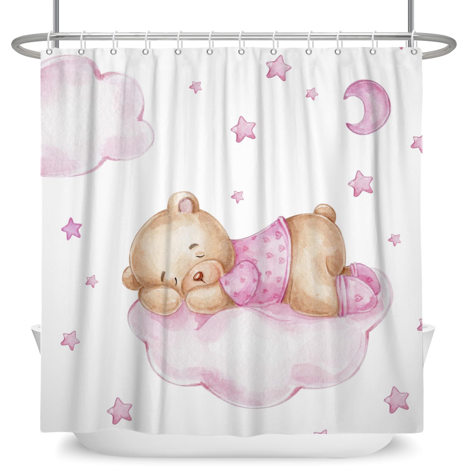 

Pink Cloud Cartoon Bear Shower Curtains Girl Bathroom Bathtub Decoration Waterproof Bath Curtain Home Decor with Hooks 90x180cm