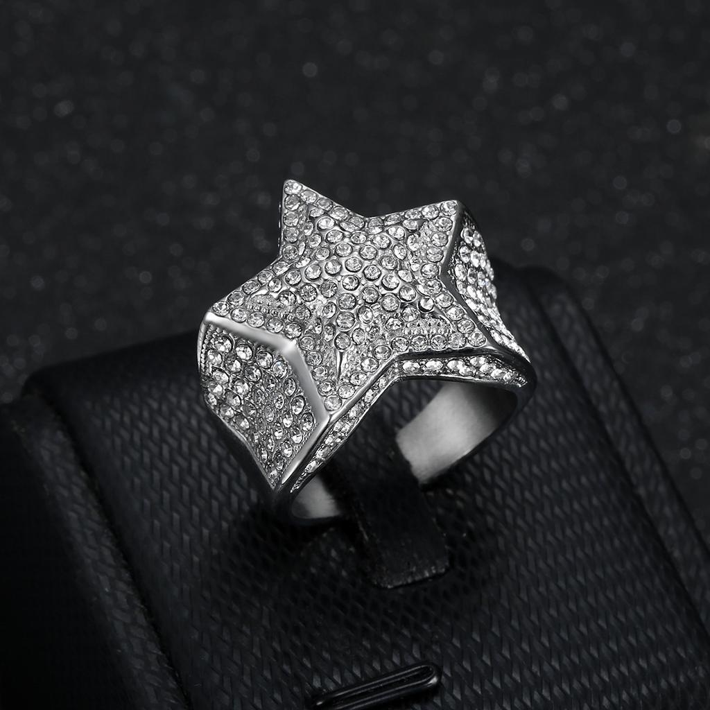 New Hip-Hop Trendy Fashion Light Luxury Ring Personality Domineering Titanium Steel Inlaid Diamond Five-Pointed Star Ring
