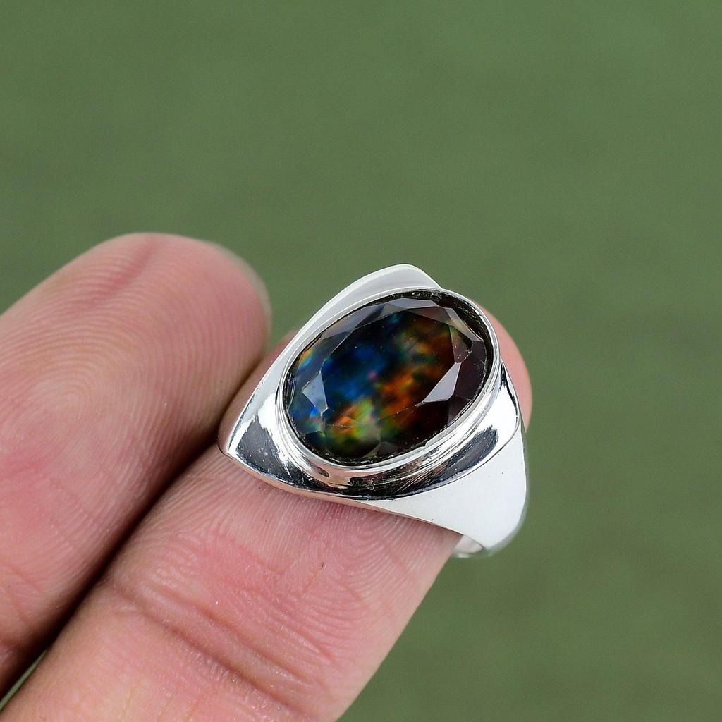 Faceted Ammolite Ring 925 Sterling Silver Ring Unique Design Jewelry Real Gemstone Ring Handmade Jewelry Gift For Dad Available In Ring Size