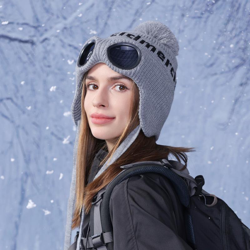 

Winter pullover hat children with glasses hairball knitted wool hat outdoor cold protection ear protection