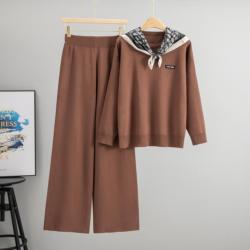 A Two-piece Sweater Set for Women, Featuring A Laid-back Style, Round-neck, Long-sleeved, Loose Knitted Top and High-waisted Wide-leg Pants