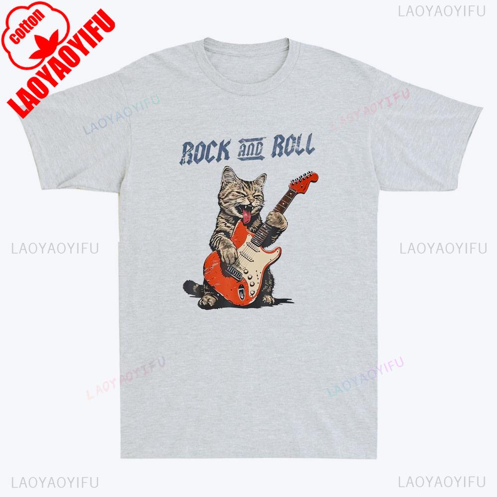 Rock and Roll Guitar Cat Tshirt Funny Cat Playing Guitar Graphic Vintage Mens TShirt Men Summer Crewneck Cotton Short Sleeve