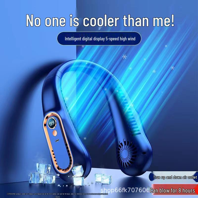Portable Bladeless Neck Fan with Digital Display синий