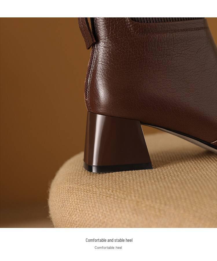 Women's Versatile Fashion Chunky Heel Ankle Boots - Square Toe, Fly-Knit Leather, Plus Velvet, for Autumn/Winter 2025