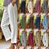 Women Solid Color Cotton Linen Straight Pants, Elastic Waist Loose Casual Trousers with Pockets, Breathable Lightweight Daily Bottoms