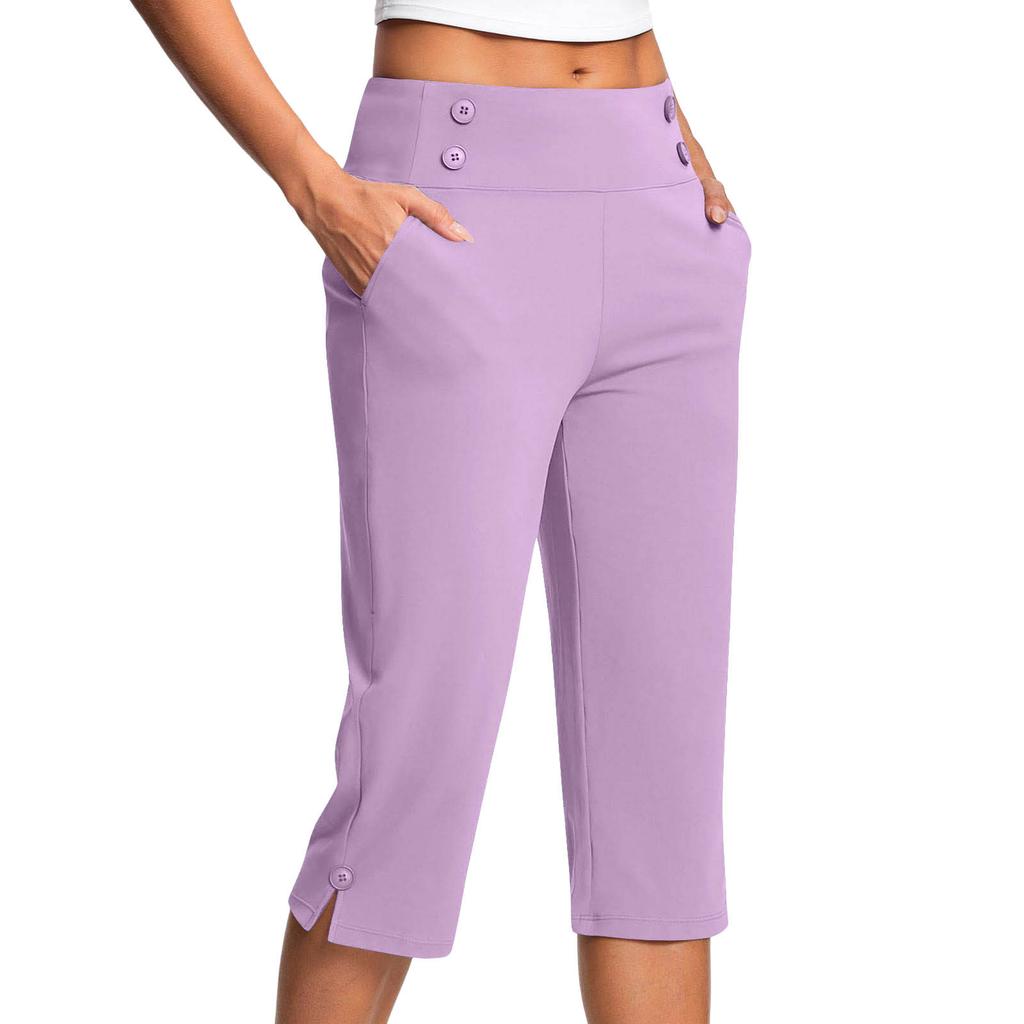 Women's Fashionable Solid Color Button Pocket Pants with Split Hems High Waist Sports Yoga Casual Cropped Pants