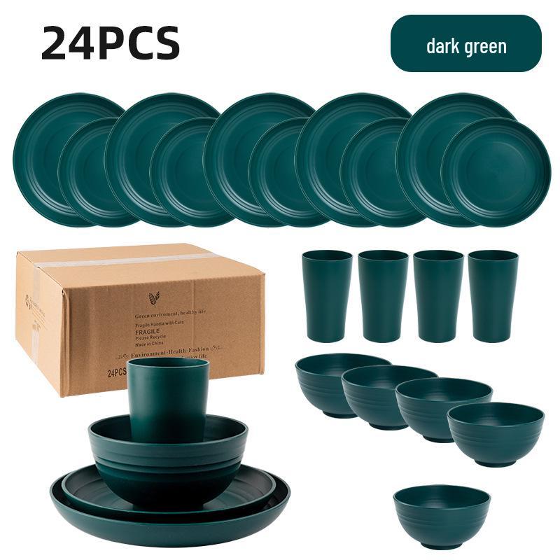 Cross-border Plastic Tableware Set: Plates, Bowls, Cups, Vomit Bowls, 24-Piece for Home Use.