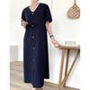 Plus Size Women's Retro Style Summer Dark Blue V-neck Single Breasted Simple Mid-Length Short Sleeve Dress Women Dress