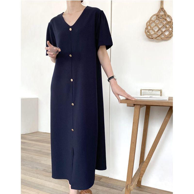 Plus Size Women's Retro Style Summer Dark Blue V-neck Single Breasted Simple Mid-Length Short Sleeve Dress Women Dress