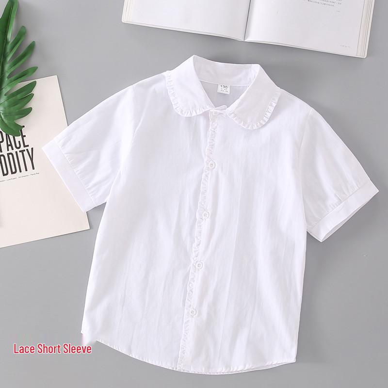 2025 Washable Cotton Lace White Shirt for Girls, Casual Round Neck, Long/Short Sleeves (Medium-Large Sizes)