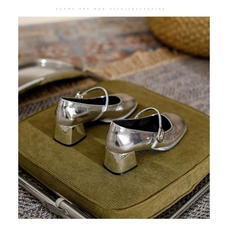 Fashion Mary Jane Shoes 2024 New Woman Spring Summer Block Heels for Women Square Toe Elegant Medium Heel Korean Gold Silver Formal Shoe