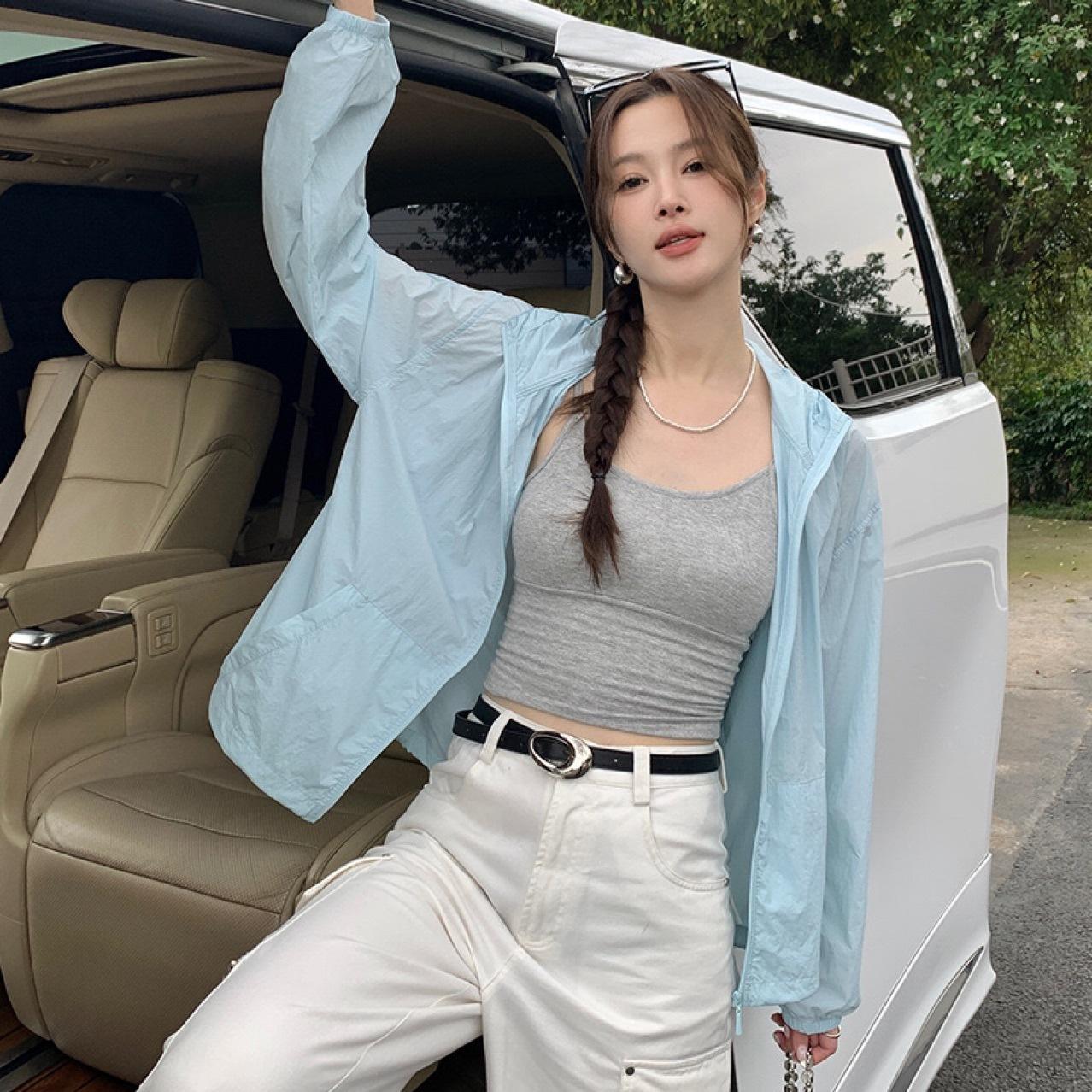 

Women’s Hooded Sun Protection Jacket Lightweight Breathable Long Sleeve Zip Up UV Protection Summer Sun Hoodie L синій