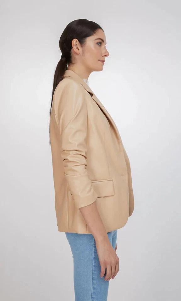 Button Party Beige Stylish Women Classic Blazer Real Lambskin Leather Genuine