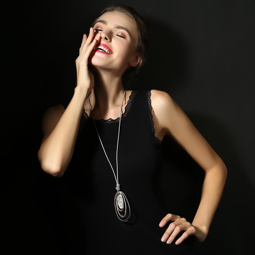 Sweater Chain Stylish Simple Geometric Oval Pendant Women'S Multi-Level Long Necklace
