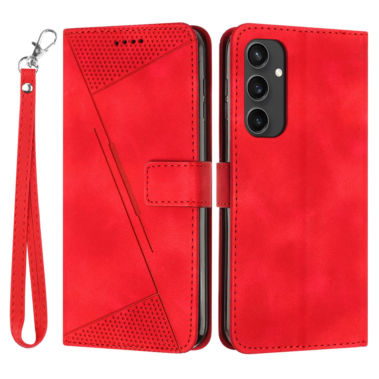 

Чехол для Samsung Galaxy S24 FE Кожаный чехол для телефона с треугольным узором 3 отделения для карт с ремешком Red