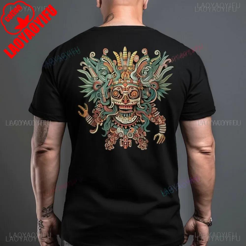 Mictlantecutli God of Death Printed Back Cotton Tshirt for Men Aztecinspired Heritage Tee Lord of The Mictlan Aztec Tops