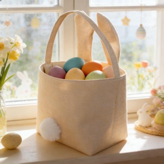 Yousheng Storage Bag Food-Grade Easter Bunny Bucket with Soft Flocked Ears Pom-pom Tail Large Capacity Toy Candy Holder Kids Storage