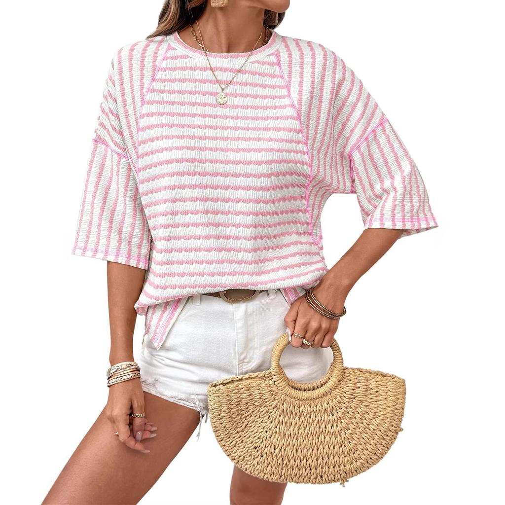 Women's Fashionable, Casual And Versatile Striped Mid-sleeve T-shirt Top