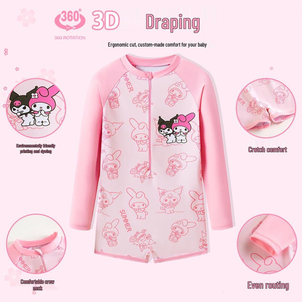 Kuromi Girls' Long Sleeve Sun Protection One-Piece Swimsuit for Kids - Professional Training Boxer Style