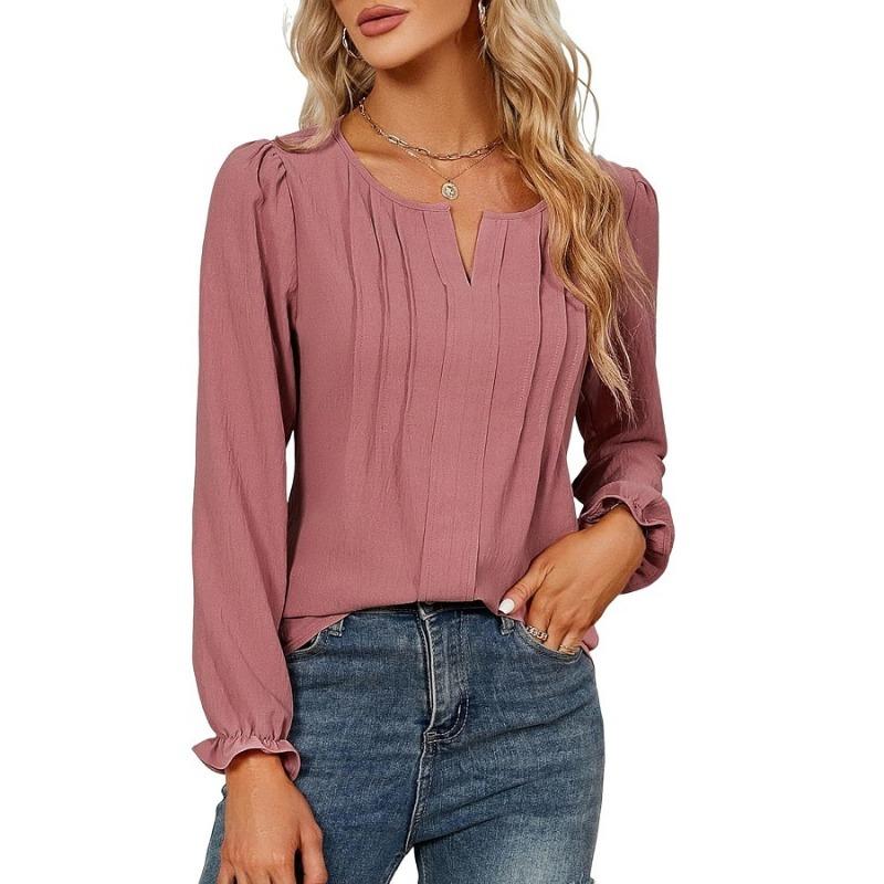 QICED Blusas y camisas con cuello en V de manga larga con estampado de color sólido informal a la moda para mujer