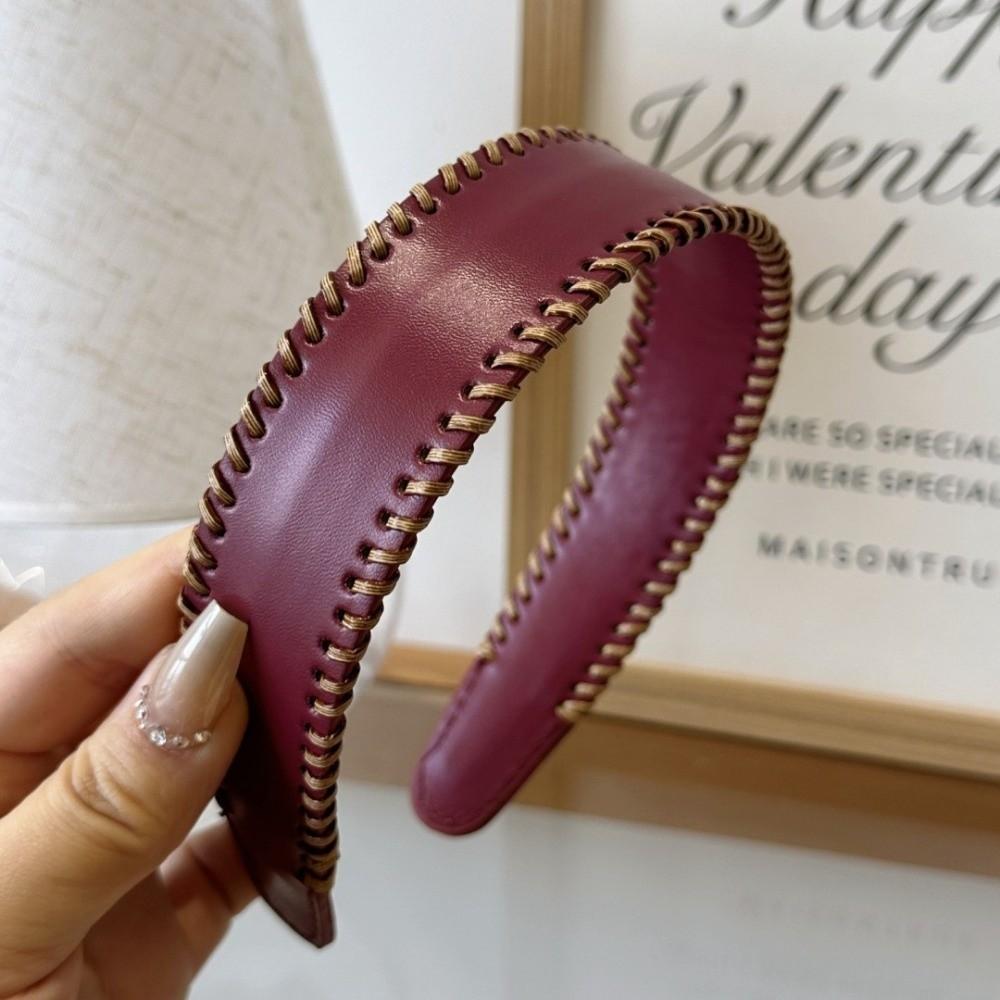 Non-Slip Leather Headband Solid Color Wide Edge Hairband Vintage Women Hair Hoop Lady