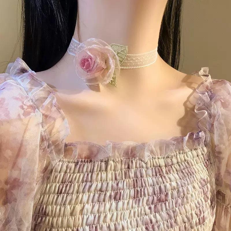 Black and White Flower Necklace Rose Choker Neck Flower Neckband Necklace Female Neck Collar Camellia Clavicle Chain