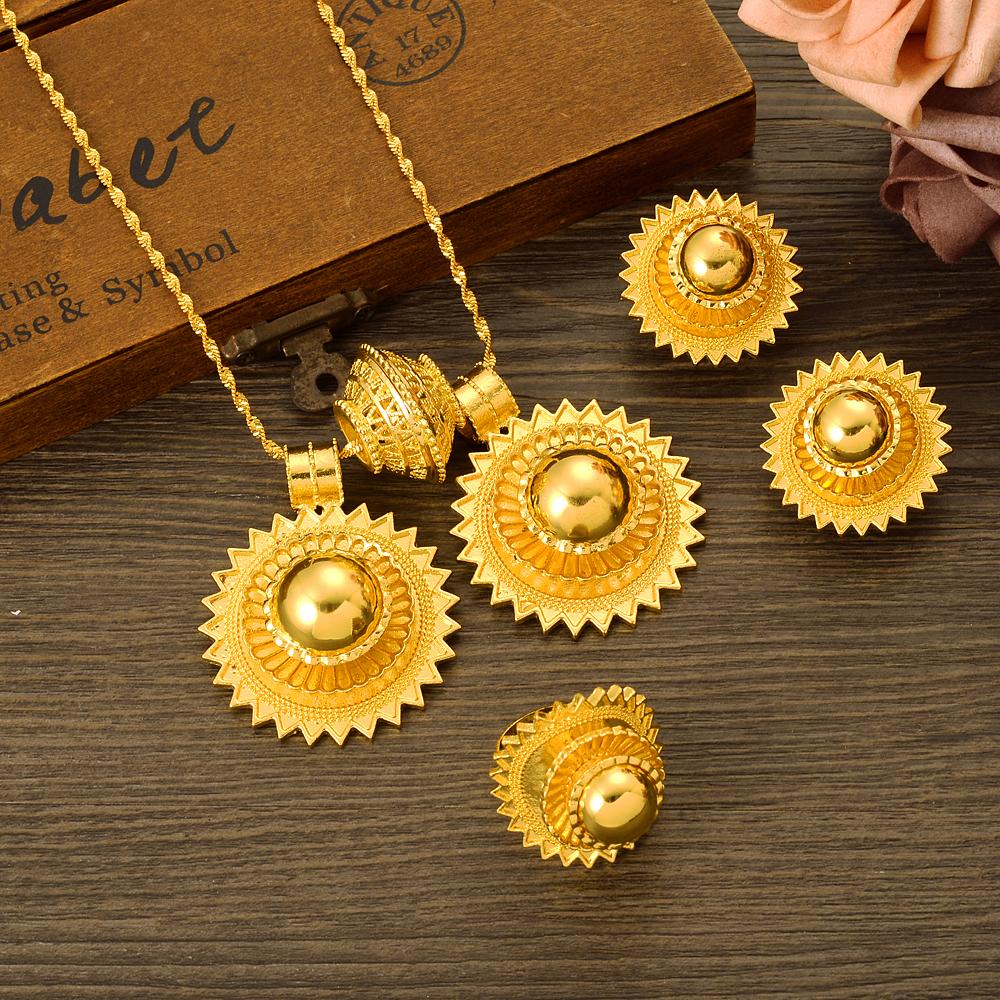 Ethiopian Pendant Zircon And Eritrean Necklaces Earrings Ring For Women Gold Color African Wedding Gifts