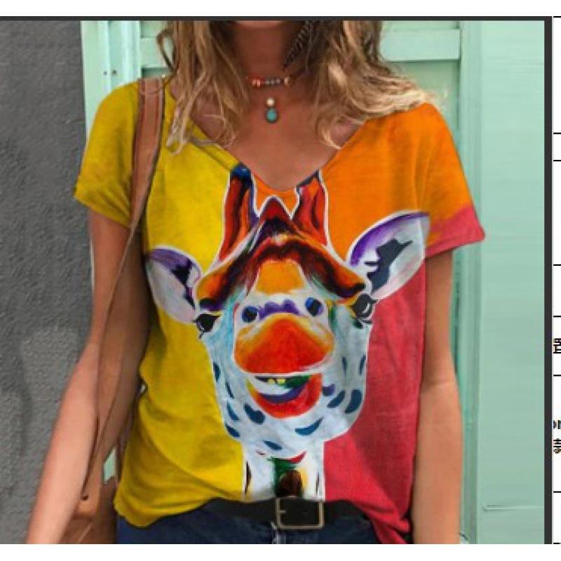 

Летний топ с V-образным вырезом и 3D-печатью масляной живописи, модные повседневные женские футболки с короткими рукавами XS